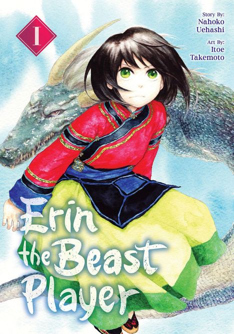Text: "Erin the Beast Player". Junge mit großen grünen Augen und buntem Gewand, sitzt vor einem drachenartigen Wesen.