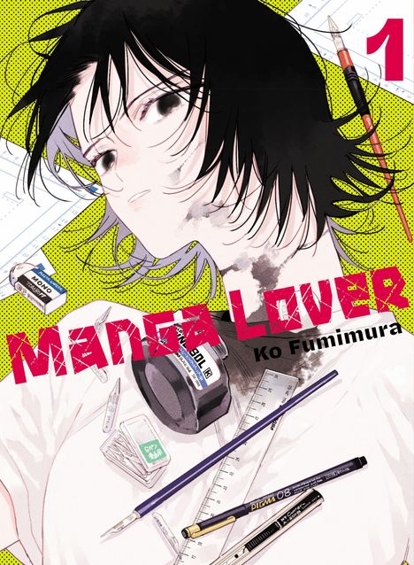 „Manga Lover“, Ko Fumimura. Eine gezeichnete Person mit Zubehör zum Zeichnen auf gelbem Punktmuster-Hintergrund.