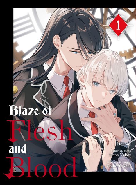 "Blaze of Flesh and Blood" in roten und weißen Buchstaben. Zwei junge Personen in Schuluniformen in engem Kontakt.
