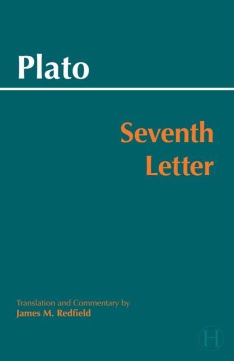Text: "Plato Seventh Letter Translation and Commentary by James M. Redfield." Grüner Hintergrund, klassischer Buchumschlag.