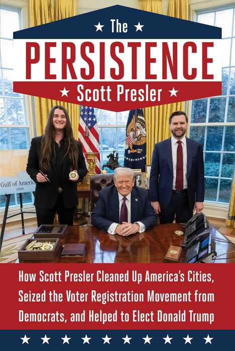 Text: „The Persistence, Scott Presler" und „How Scott Presler Cleaned Up...". Drei Personen in einem Büro mit gelben Vorhängen.