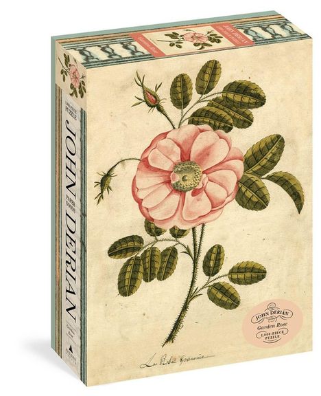 "John Derian", "Garden Rose", "1,000-Piece Puzzle". Vintage-Blume, rosa Blüte mit grünen Blättern auf cremefarbenem Hintergrund.