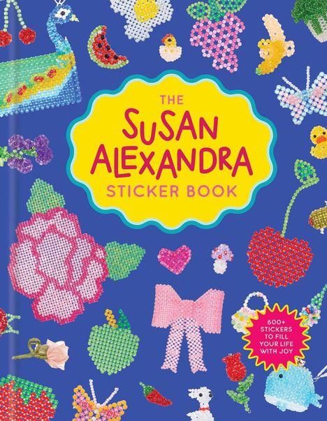 "The Susan Alexandra Sticker Book" in leuchtenden Buchstaben. Verschiedene bunte Perlenmotive wie Früchte und Tiere auf blauem Hintergrund.