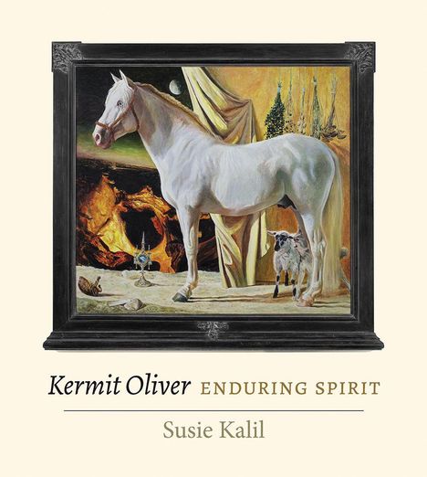 "Kermit Oliver", "Enduring Spirit", "Susie Kalil". Gemälde mit weißem Pferd und Ziegen vor einem dramatischen Hintergrund.