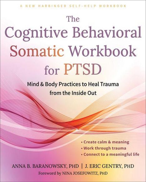 Text: "The Cognitive Behavioral Somatic Workbook for PTSD." Enthält wellenartige Muster in Pastellfarben.