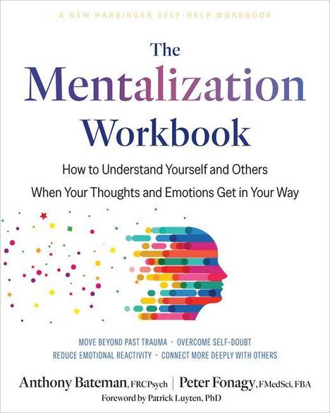 "The Mentalization Workbook" mit Untertiteln über Selbsterkenntnis. Bunte Silhouette eines Kopfes mit Punkten und Balken.