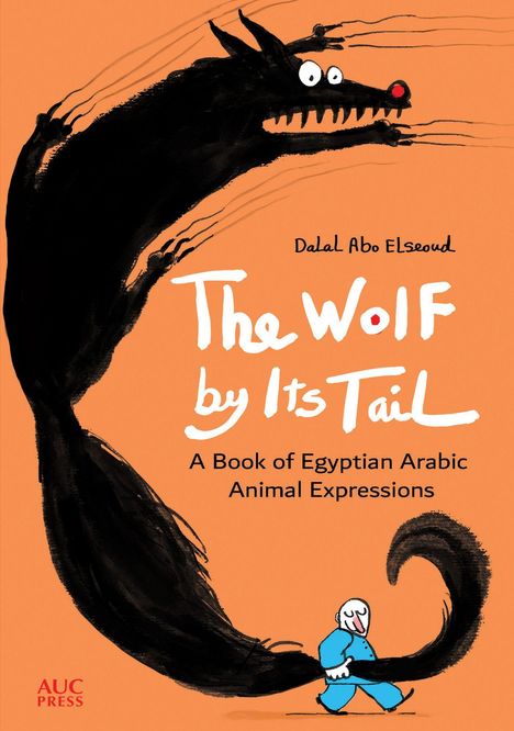 Der Text sagt: "The Wolf by Its Tail". Illustration: Ein Mensch hält den Schwanz eines großen schwarzen Wolfes.