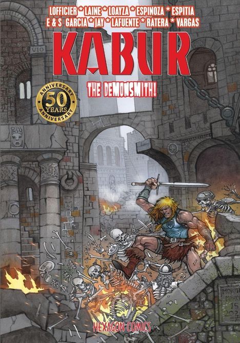 "KABUR: THE DEMONSMITH! Hexagon Comics. Muskelbepackter Krieger mit Schwert kämpft gegen Skelette in einer alten Ruine."