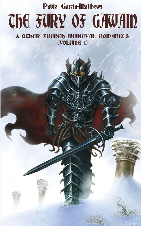 „The Fury of Gawain“ in gotischer Schrift. Ein gepanzerter Ritter mit Schwert, rote Umhänge, schneebedeckter Boden.