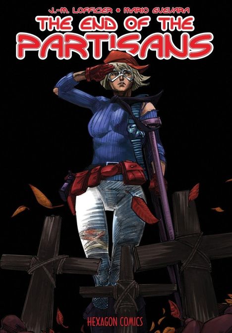 Titel: "The End of the Partisans". Frau mit Brille und rotem Schal, zwischen Holzkreuzen, herbstliche Blätter fallen herab.