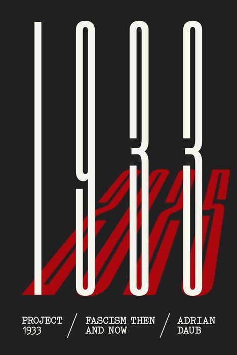 Die weißen Zahlen "1933" sind groß und vertikal, mit einem roten Schatten, darunter steht "PROJECT 1933 / FASCISM THEN AND NOW / ADRIAN DAUB".