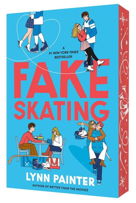 FAKE SKATING, ein Bestseller von Lynn Painter. Illustration: Paare beim Eislaufen, Kaffee trinken und Bücher lesen.