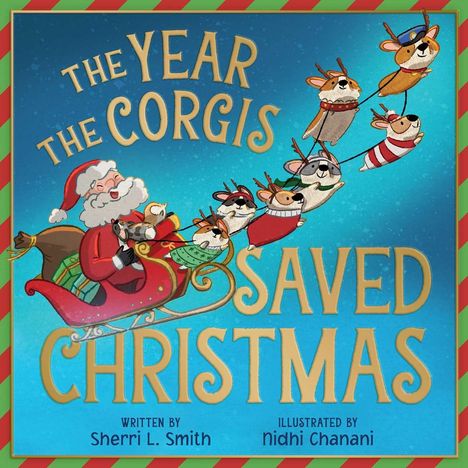"The Year the Corgis Saved Christmas". Illustration: Weihnachtsmann mit Corgis im Schlitten, rote und grüne Details.