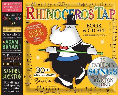 "Rhinoceros Tap" Buch- und CD-Set, 30. Jubiläum, 15 fabelhafte Songs, Sandra Boynton. Zeichnung: Rhino mit Zylinder und Stock.