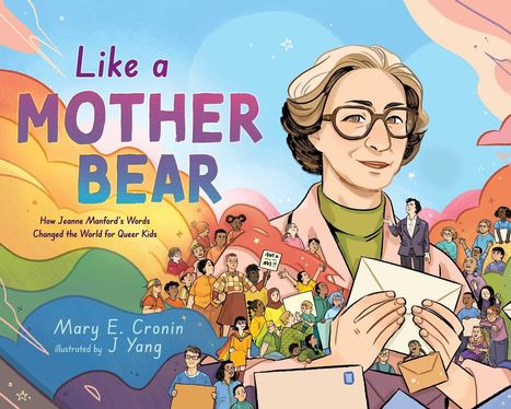 Titel: "Like a Mother Bear". Große Gruppe von Menschen, Frau mit Briefen. Farbenfrohe und fröhliche Szene.