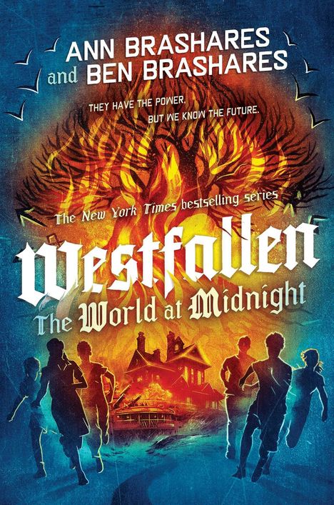 **Westfallen: The World at Midnight**. Jugendliche rennen vor einem brennenden Haus, mit Vögeln und Flammen im Hintergrund.