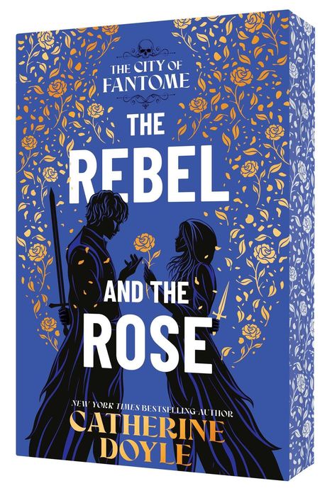 "The City of Fantome: The Rebel and The Rose." Silhouetten eines Mannes und einer Frau mit Schwertern, umgeben von Rosen.