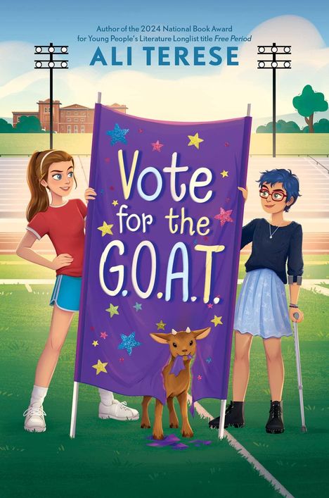 Großer Schriftzug: "Vote for the G.O.A.T." Zwei junge Personen halten ein violettes Banner mit Sternen, darunter eine Ziege.