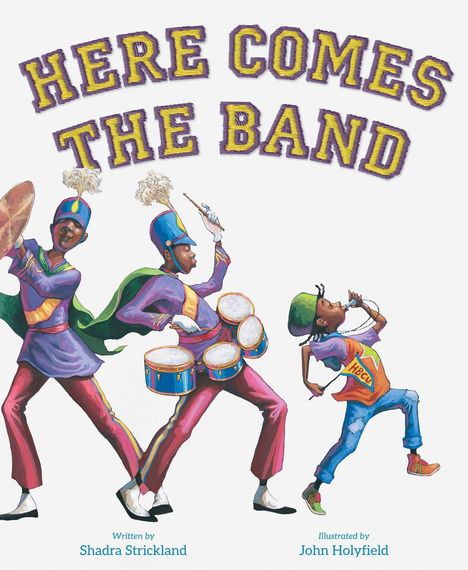 Oben steht: "HERE COMES THE BAND". Darunter Marschkapelle-Mitglieder in bunten Uniformen mit Instrumenten.