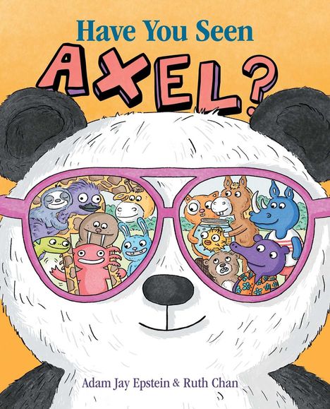 „Have You Seen Axel?“ steht oben. Illustration: Ein Panda mit bunter Sonnenbrille, die verschiedene Cartoon-Tiere zeigt.