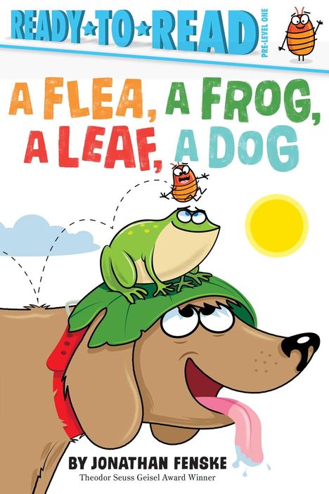 "A Flea, A Frog, A Leaf, A Dog" in bunten Buchstaben, darunter ein Comic-Hund mit einem Frosch und einem Floh.