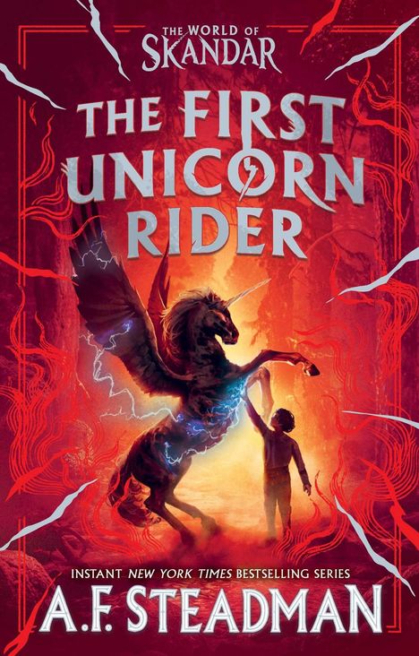 "The World of Skandar: The First Unicorn Rider" von A.F. Steadman. Ein Kind hebt die Hand zu einem geflügelten Einhorn.