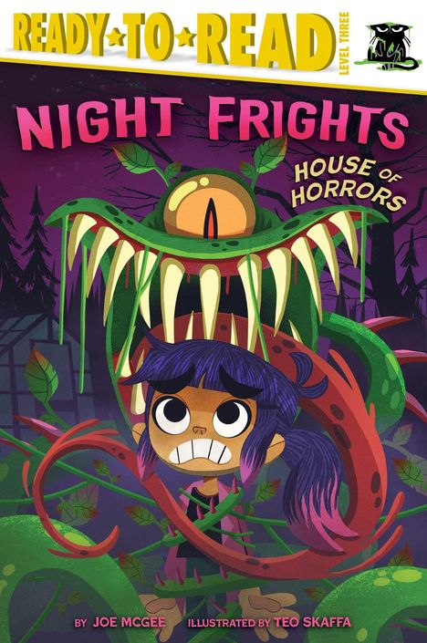 "Ready to Read Level Three", "Night Frights", "House of Horrors". Eine Illustration: Mädchen vor Monster mit großen Zähnen.