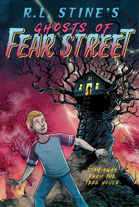 „R.L. Stine’s Ghosts of Fear Street“. Junge schaut ängstlich zu einem Baumhaus in einem knorrigen Baum.