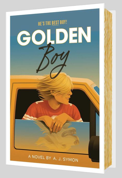 "He’s the best boy! GOLDEN Boy. A novel by A. J. Symon." Illustration eines Jungen am Fenster eines Fahrzeugs.