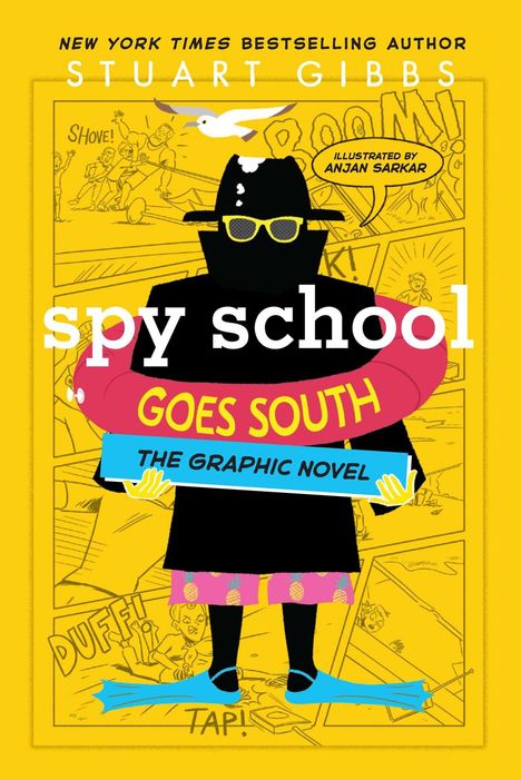"Spy School Goes South: The Graphic Novel" in gelber Comicstil-Illustration. Ein Agent mit Sonnenbrille hält ein Schwimmtier.
