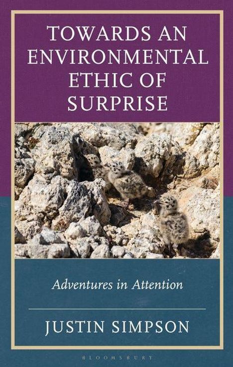 Buchcover: "Towards an Environmental Ethic of Surprise" von Justin Simpson. Bild zeigt vier Küken auf felsigem Boden.