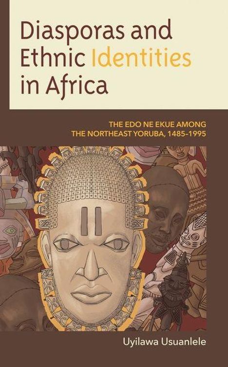 Text: "Diasporas and Ethnic Identities in Africa." Illustration: Kunstvoller Kopf, traditionelle africanische Masken.