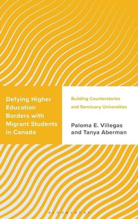 Defying Higher Education Borders with Migrant Students in Canada. Orange Hintergrund mit weißen Wellenlinien.