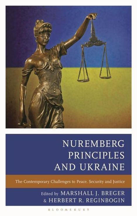 "Nuremberg Principles and Ukraine" steht vor einer Justitia-Statue mit Waage. Darunter Herausgebernamen.