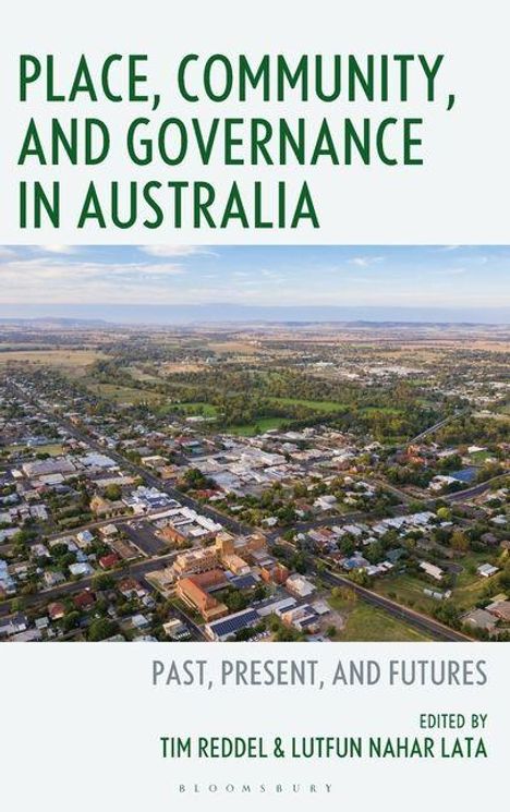"PLACE, COMMUNITY, AND GOVERNANCE IN AUSTRALIA" auf Grün. Luftbild einer australischen Stadt mit viel Grünland.