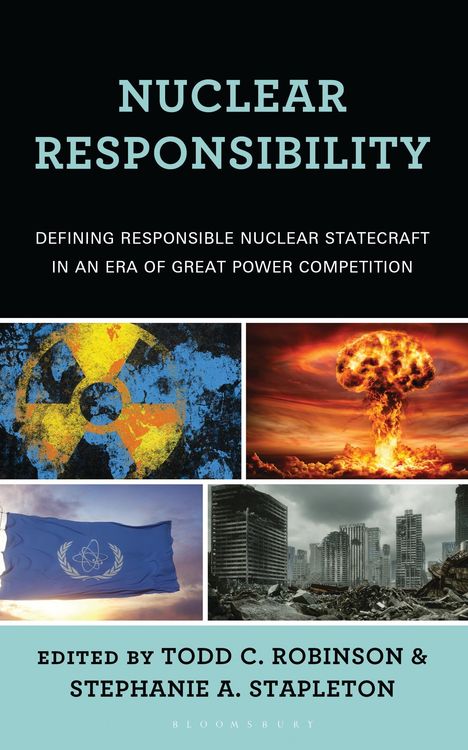 "Nuclear Responsibility", gefolgt von einem farbigen Nuklearsymbol, einer Explosion, einem blauen Banner, zerstörten Gebäuden.