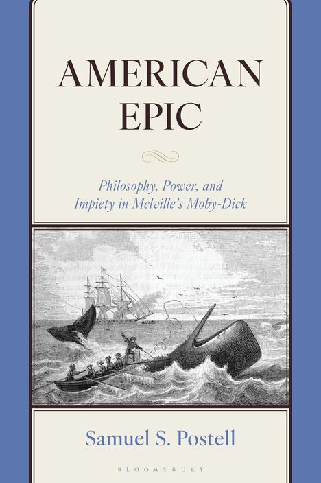 "AMERICAN EPIC" oben, darunter Text über Melvilles "Moby-Dick". Illustration eines Wals und Bootes mit Seeleuten im Ozean.