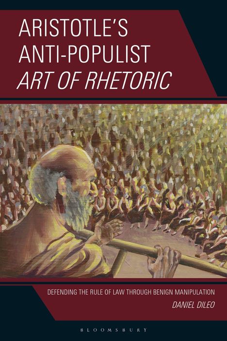 Titel: "ARISTOTLE’S ANTI-POPULIST ART OF RHETORIC". Ein Gemälde von Aristoteles vor einem Publikum.