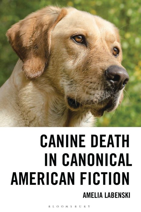 "CANINE DEATH IN CANONICAL AMERICAN FICTION" von Amelia Labenski. Ein Hund mit hellem Fell schaut nachdenklich.