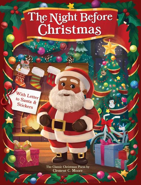 "Weihnachtsmann vor Kamin, Geschenke, Weihnachtsbaum, Text: 'The Night Before Christmas' und 'With Letter to Santa & Stickers'."