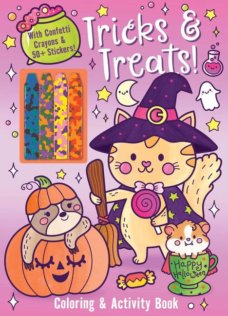 "With Confetti Crayons & 50+ Stickers! Tricks & Treats! Coloring & Activity Book" Humorvolle Halloween-Illustration.
