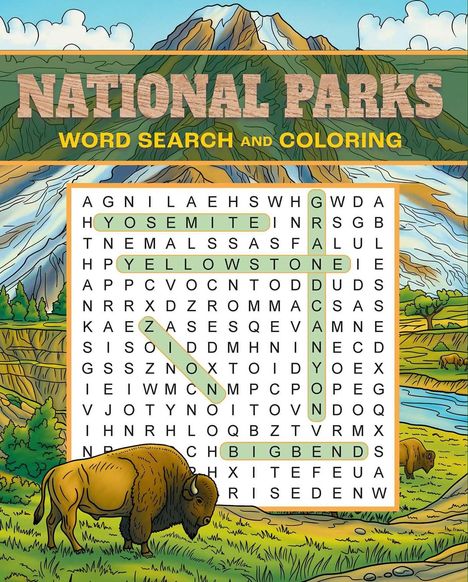 „NATIONAL PARKS: WORD SEARCH AND COLORING“. Gitterrätsel mit Wörtern: YOSEMITE, YELLOWSTONE, GRANDCANYON, BIGBEND. Illustration von Natur, Bison.