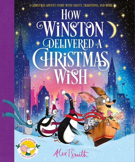 „How Winston Delivered a Christmas Wish“ oben. Illustration mit Pinguinen und einem Hund in einer Stadt bei Nacht.