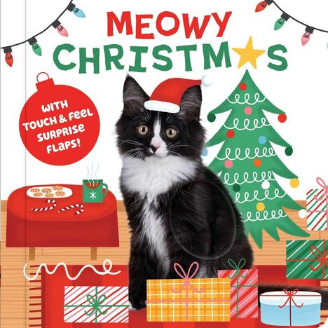 "MEOWY CHRISTMAS" steht groß oben, mit einem Weihnachtsbaum, Geschenken und einer Katze mit Weihnachtsmütze.