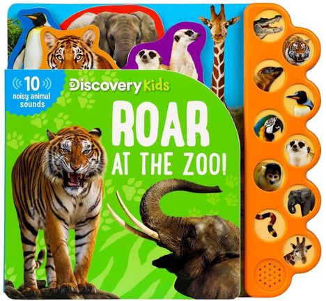 "Discovery Kids: Roar at the Zoo! 10 noisy animal sounds." Ein Tiger brüllt, daneben ein Elefant und weitere Tiere. Rechts Knöpfe mit Tierbildern.