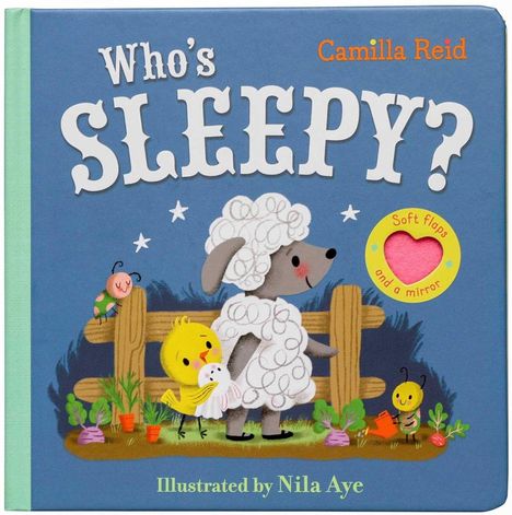 Das Cover zeigt einen Titel "Who's Sleepy?", ein Schaf, gelbes Küken, Zaun, Blumen und stilisierte Insekten darunter.