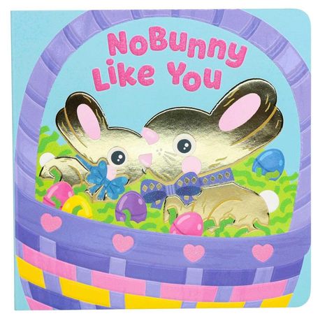 "NoBunny Like You" in pinkem Text, zwei goldene Hasen in einem bunten Korb mit Ostereiern und Schleifen.
