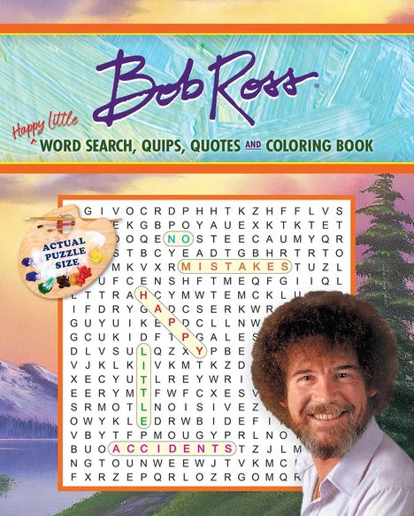 "Bob Ross", "Happy Little Word Search, Quips, Quotes and Coloring Book". Suchrätsel, gemalte Landschaft, lächelnder Mann.