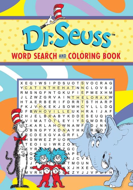 "Dr. Seuss Word Search and Coloring Book." Illustration mit Figuren und einem Buchstabenrätsel, bunte Hintergrundmuster.