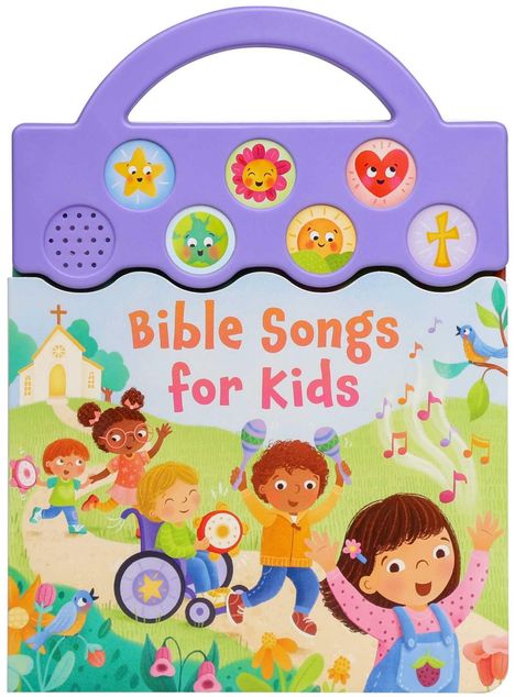 „Bible Songs for Kids“ in fröhlicher Schrift. Kinder spielen Musikinstrumente im Grünen, freudige Stimmung.